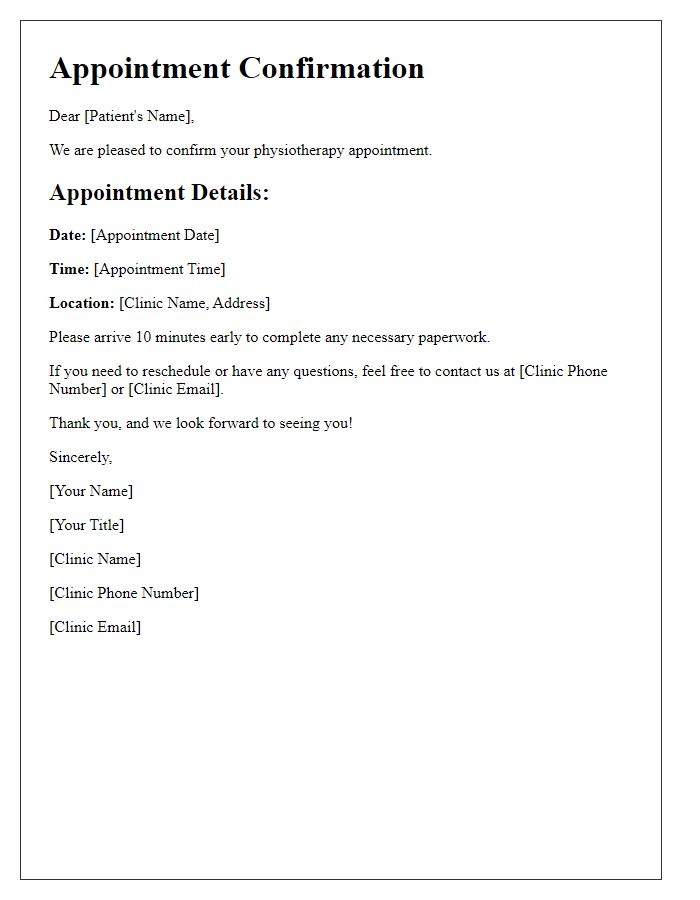 Letter template of physiotherapy appointment confirmation.