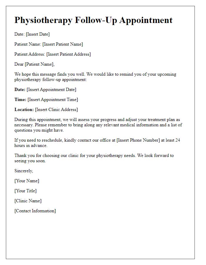 Letter template of physiotherapy follow-up appointment.