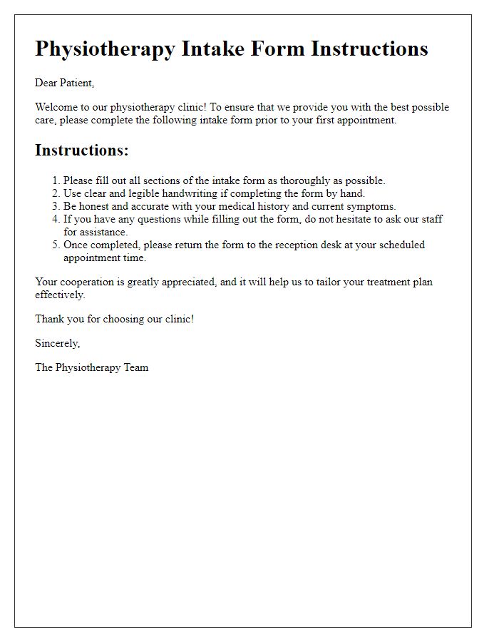 Letter template of physiotherapy intake form instructions.