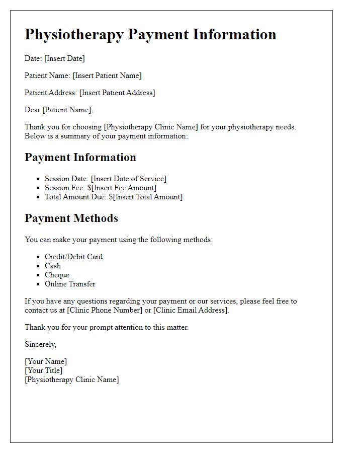 Letter template of physiotherapy payment information.