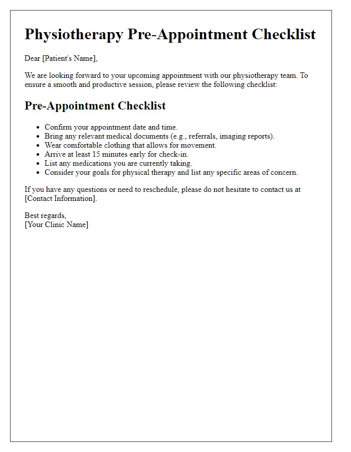 Letter template of physiotherapy pre-appointment checklist.