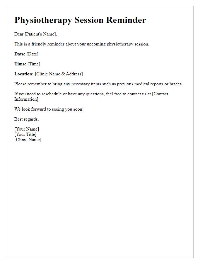 Letter template of physiotherapy session reminder.