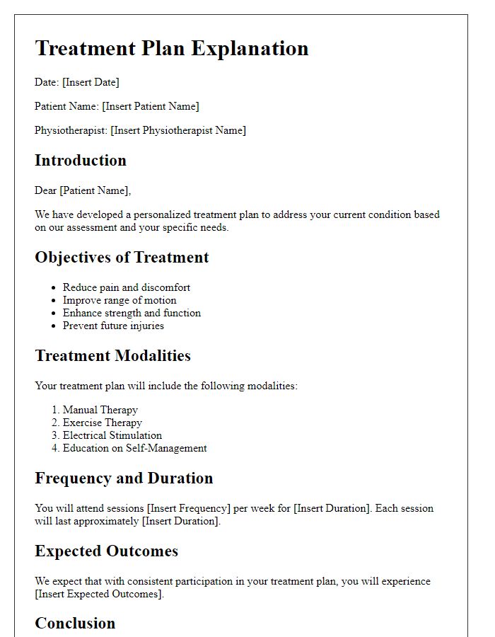 Letter template of physiotherapy treatment plan explanation.