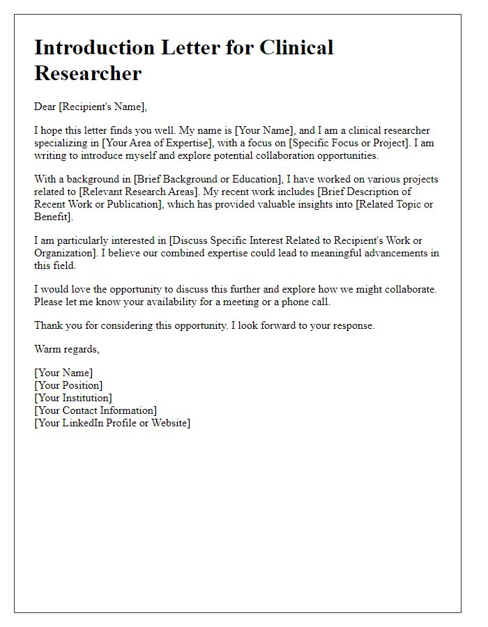 Letter template of introduction for a clinical researcher.