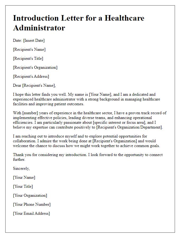 Letter template of introduction for a healthcare administrator.