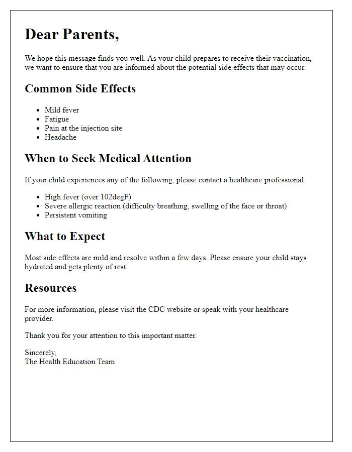 Letter template of vaccination side effects awareness for parents.