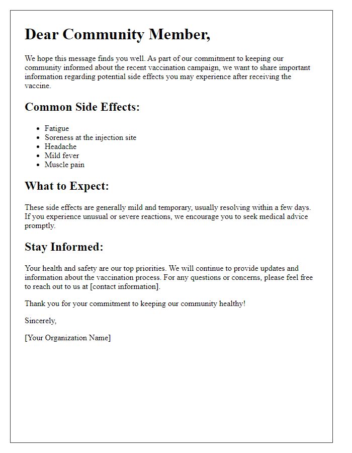 Letter template of vaccination side effects communication for community outreach.