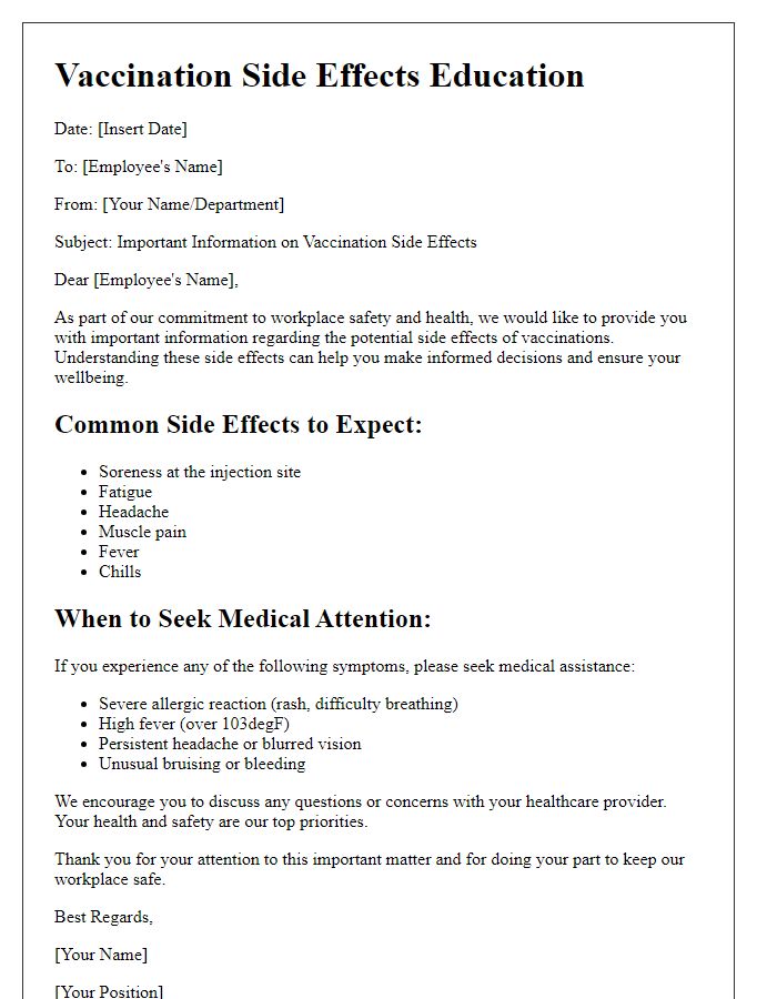 Letter template of vaccination side effects education for workplace safety.