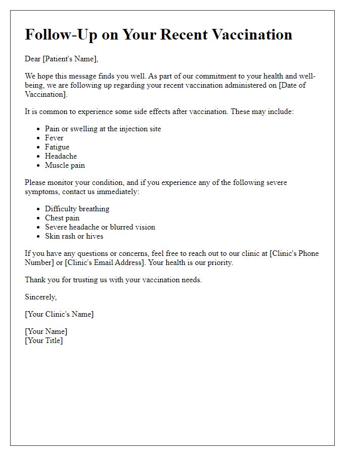 Letter template of vaccination side effects follow-up for clinics.