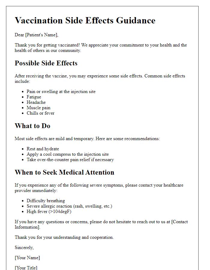 Letter template of vaccination side effects guidance for patients.