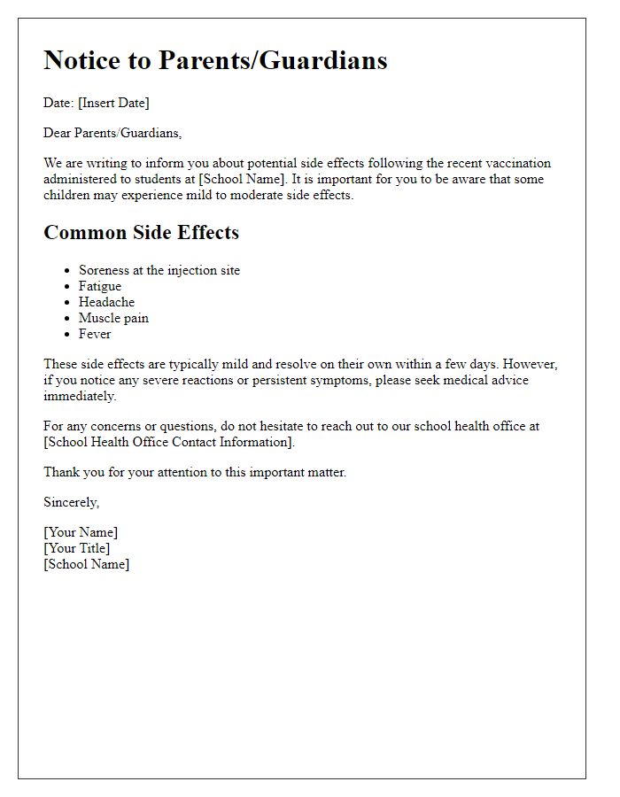 Letter template of vaccination side effects notification for schools.