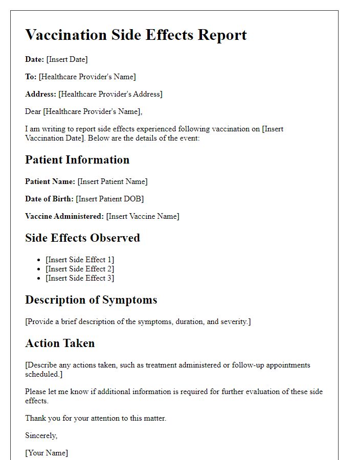 Letter template of vaccination side effects report for healthcare providers.