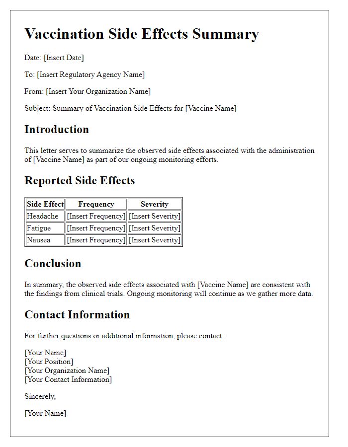 Letter template of vaccination side effects summary for regulatory agencies.