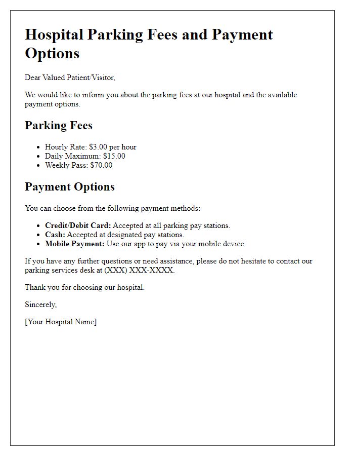 Letter template of hospital parking fees and payment options.