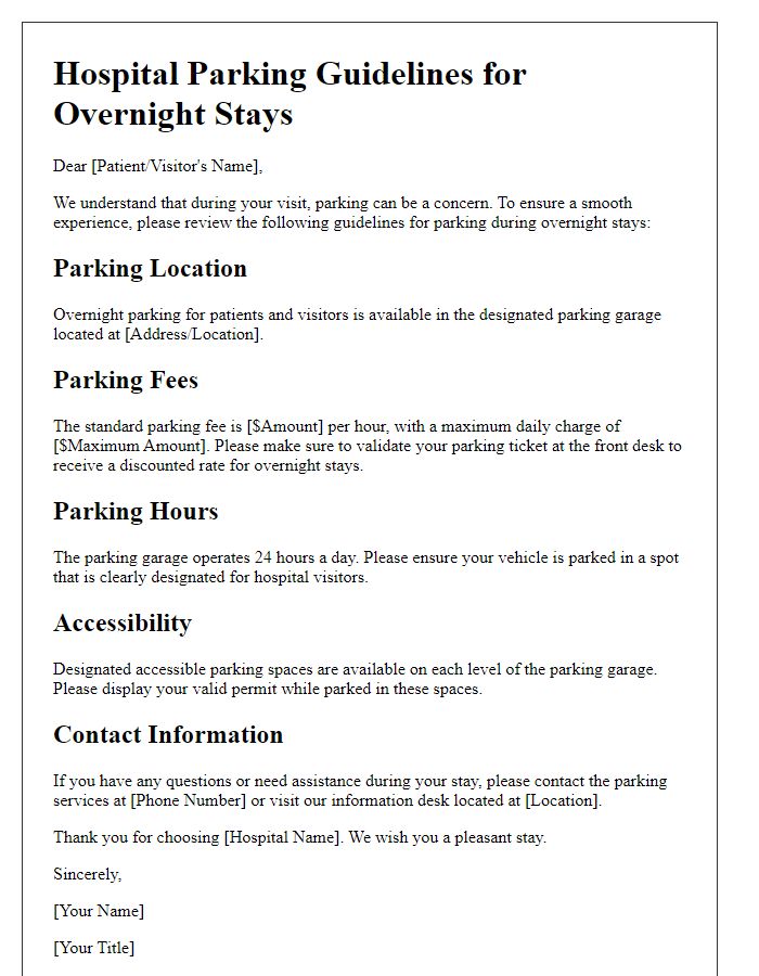 Letter template of hospital parking guidelines for overnight stays.