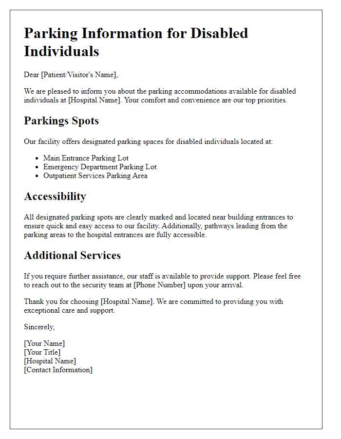 Letter template of hospital parking information for disabled individuals.