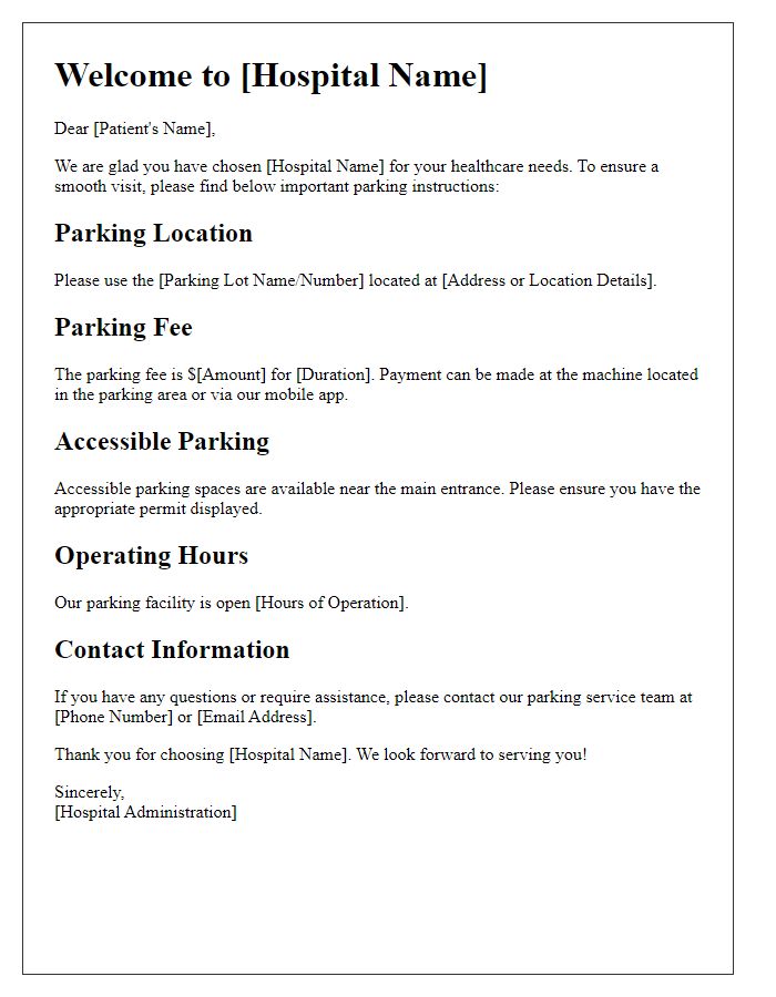 Letter template of hospital parking instructions for patients.