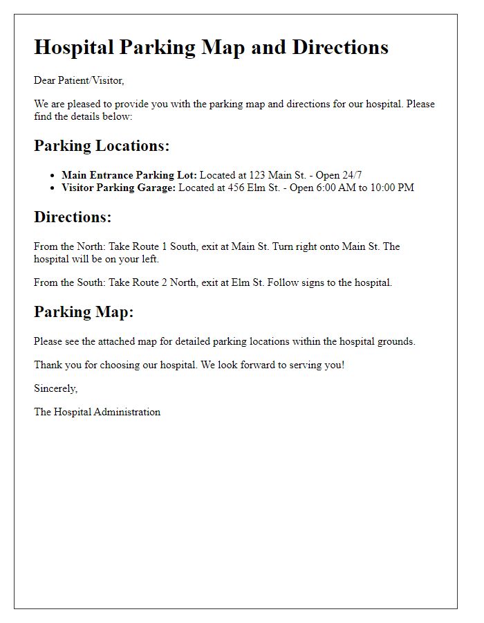 Letter template of hospital parking map and directions.