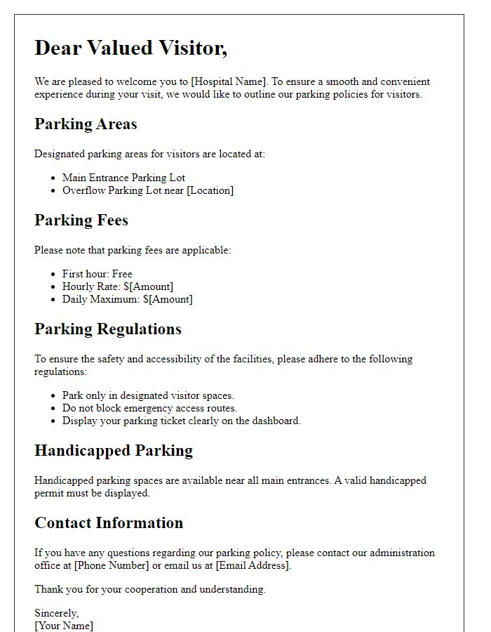 Letter template of hospital parking policy for visitors.