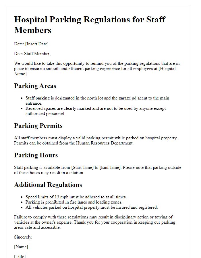 Letter template of hospital parking regulations for staff members.