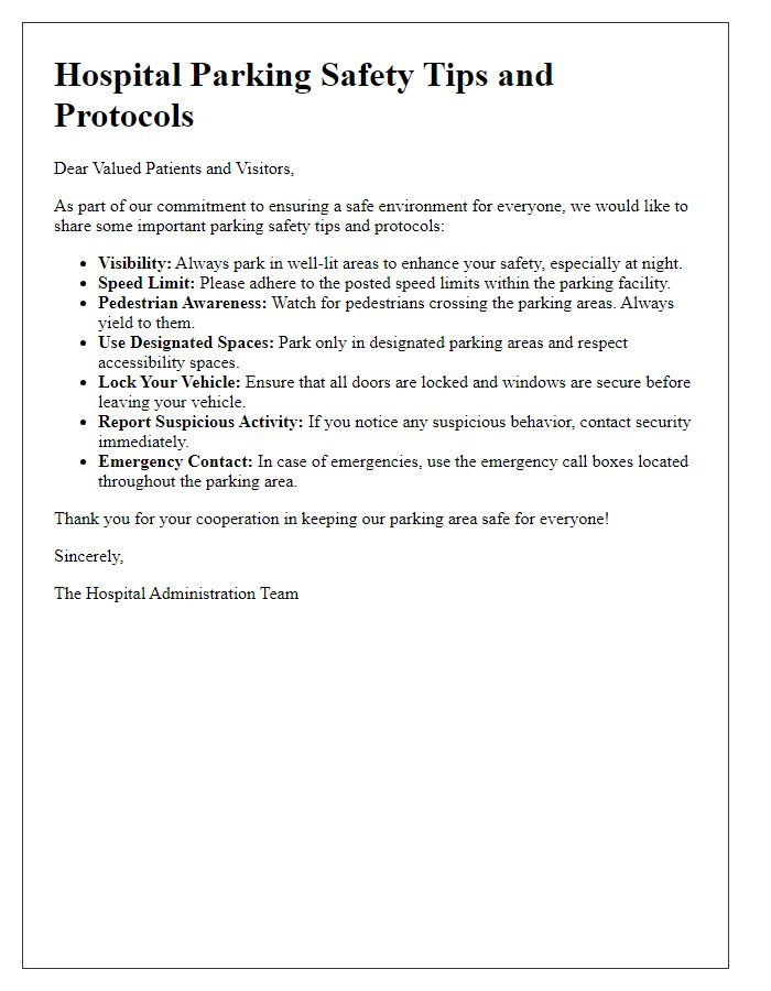 Letter template of hospital parking safety tips and protocols.