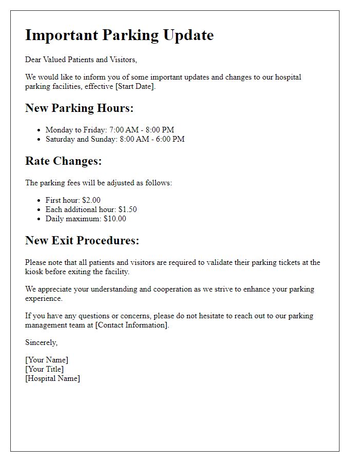 Letter template of hospital parking updates and changes.