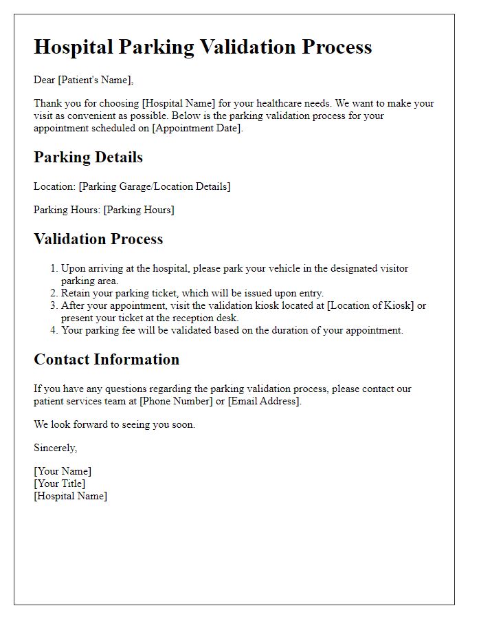 Letter template of hospital parking validation process for appointments.