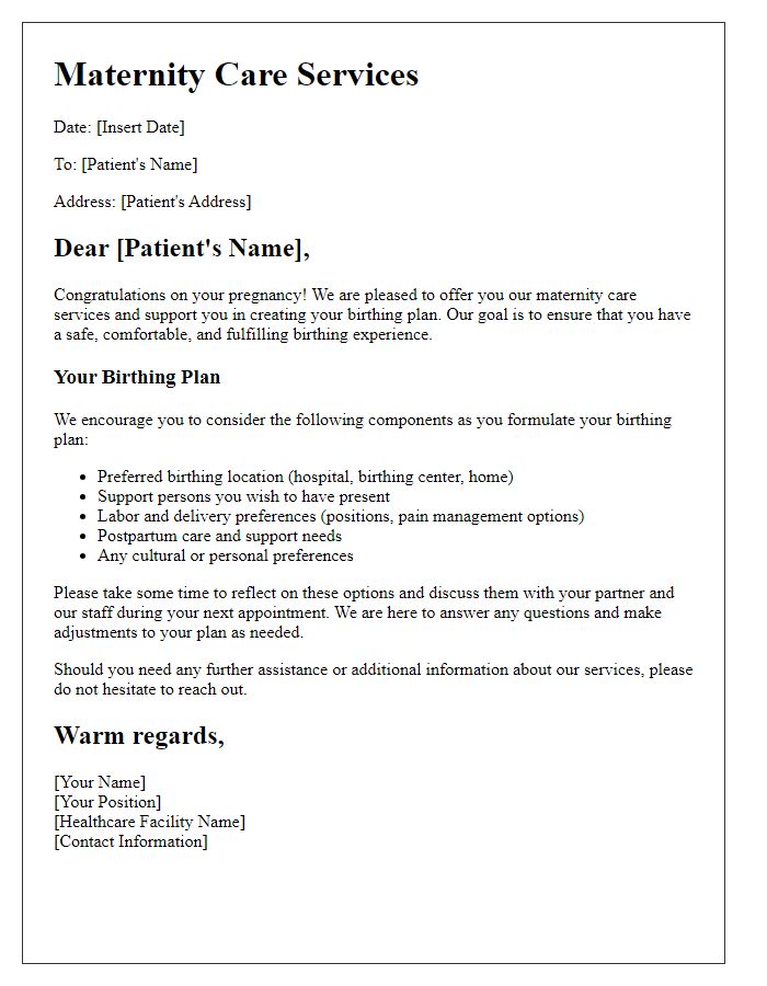 Letter template of maternity care services for birthing plans.