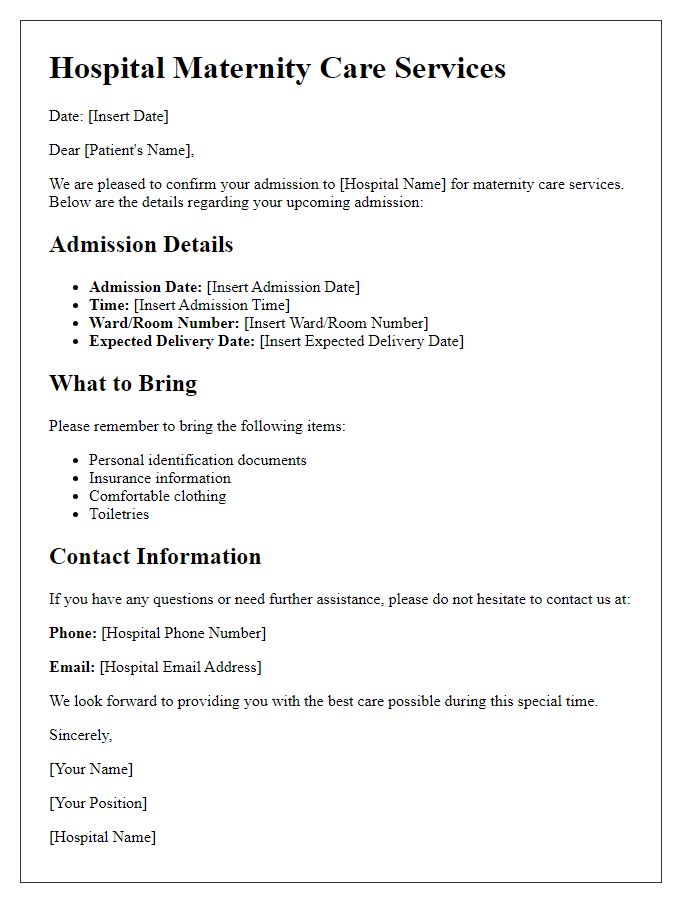 Letter template of maternity care services for hospital admission details.