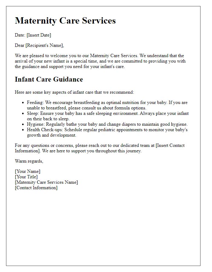 Letter template of maternity care services for infant care guidance.