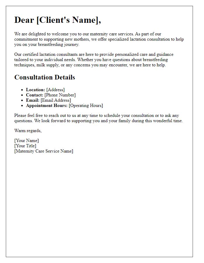 Letter template of maternity care services for lactation consultation.