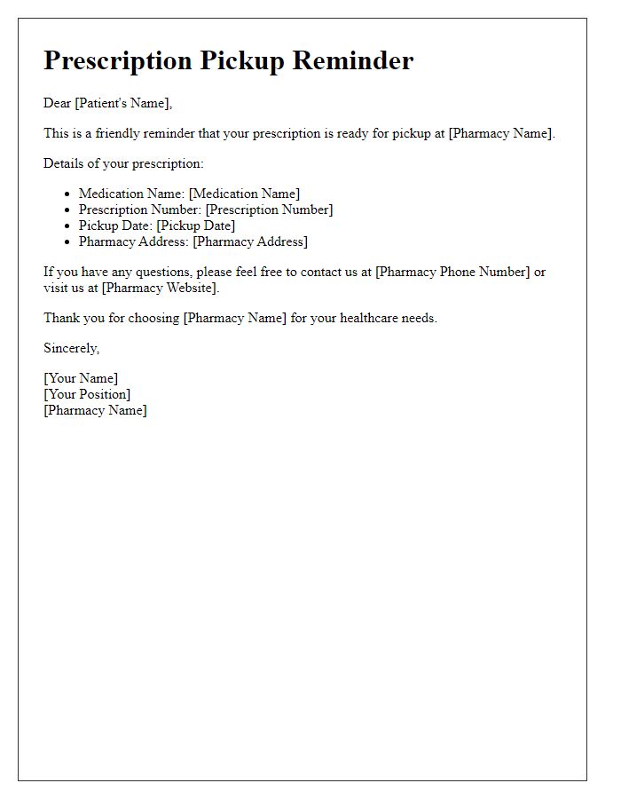 Letter template of pharmacy prescription pickup reminder