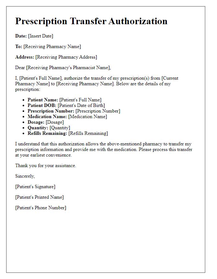 Letter template of pharmacy prescription transfer authorization