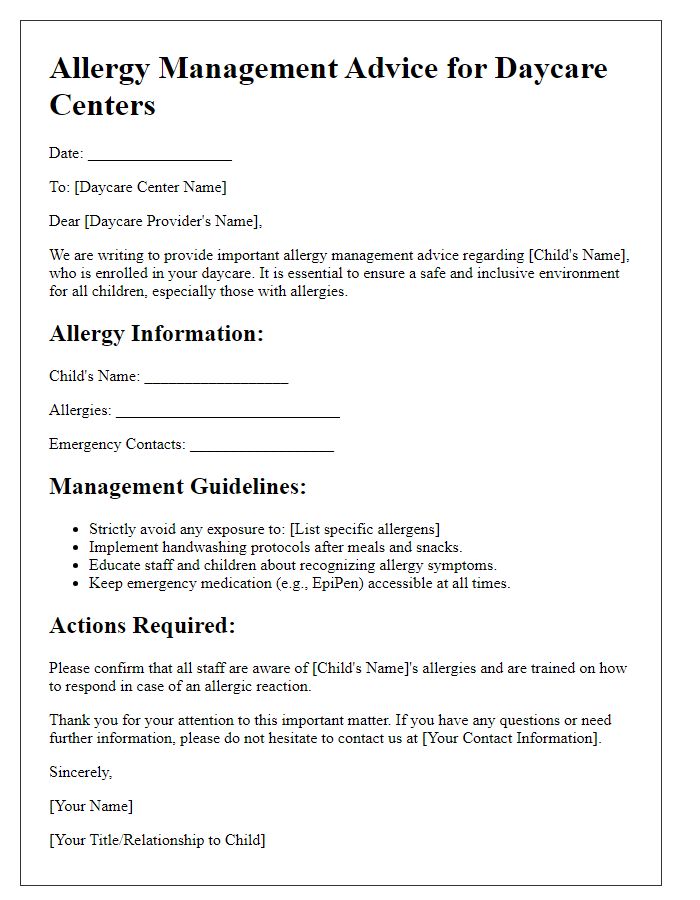 Letter template of allergy management advice for daycare centers.