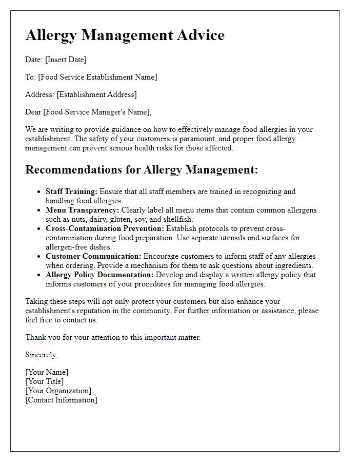 Letter template of allergy management advice for food service establishments.