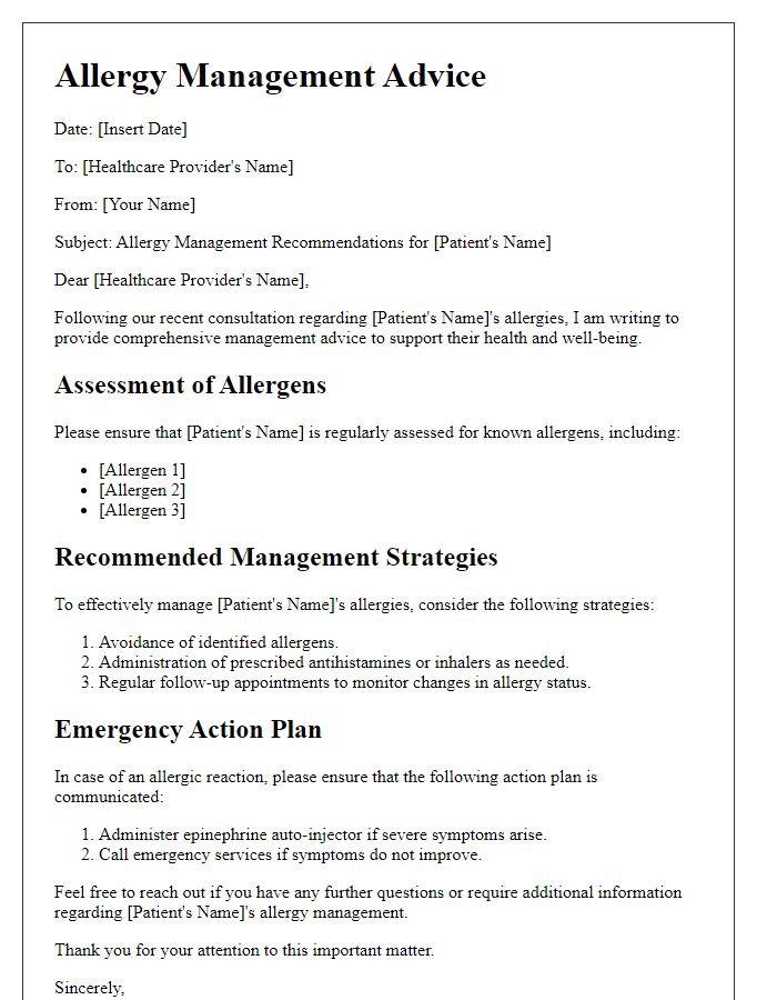 Letter template of allergy management advice for healthcare providers.