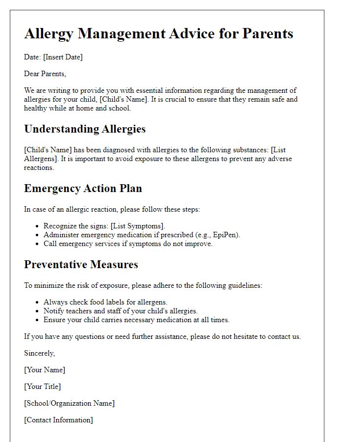 Letter template of allergy management advice for parents.