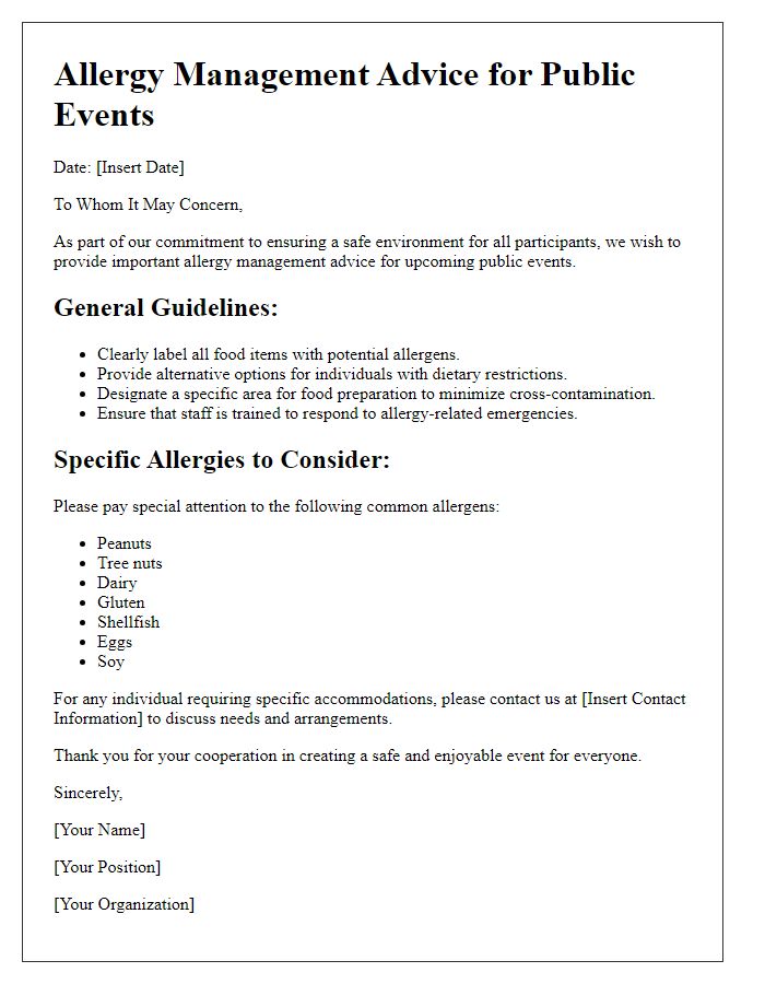 Letter template of allergy management advice for public events.