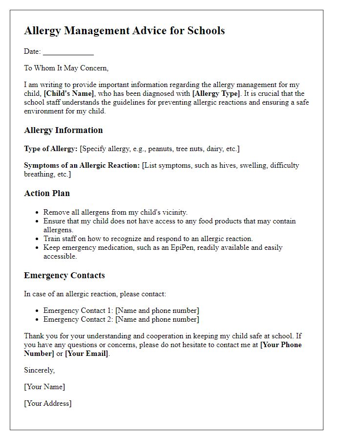 Letter template of allergy management advice for schools.