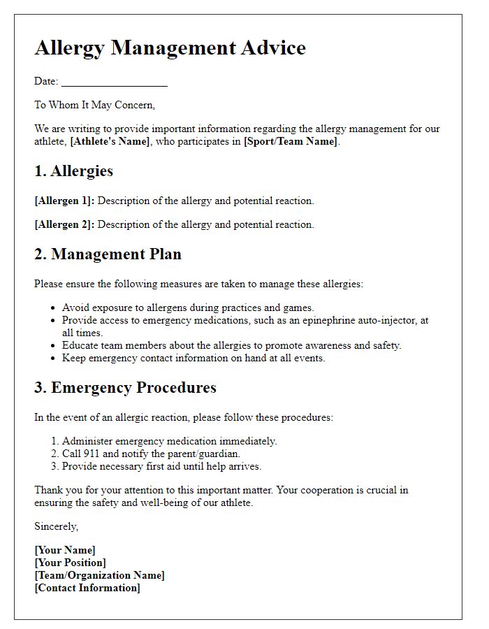 Letter template of allergy management advice for sports teams.