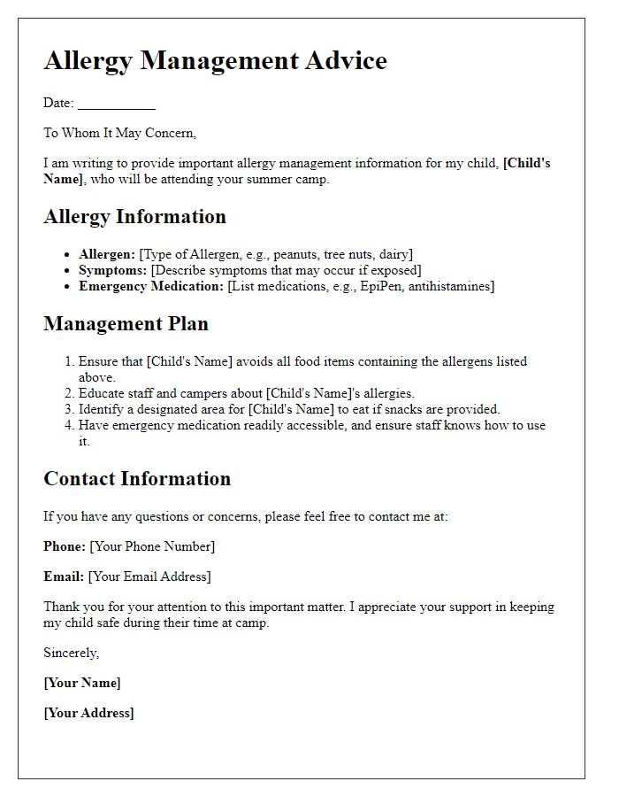 Letter template of allergy management advice for summer camps.