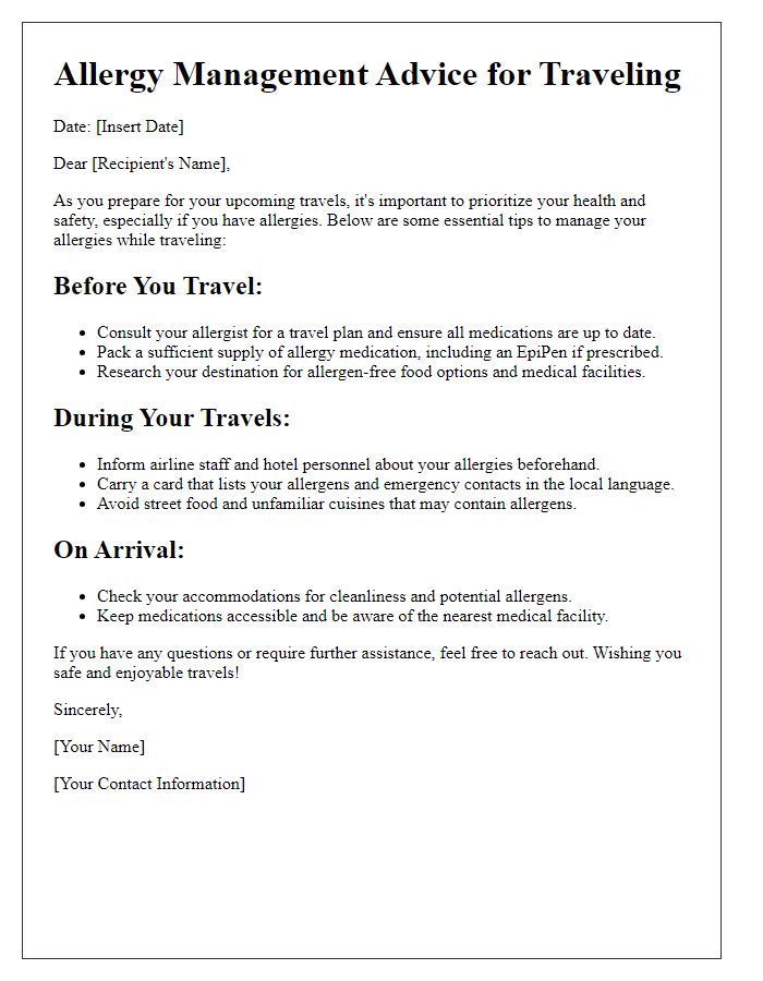 Letter template of allergy management advice for traveling.