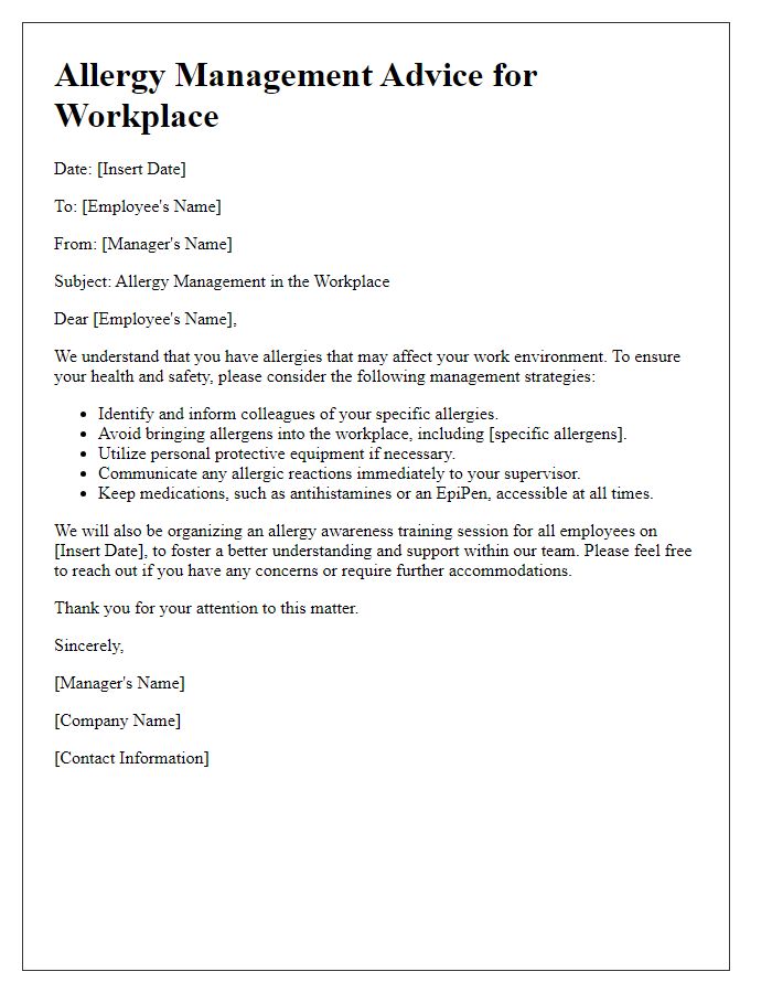 Letter template of allergy management advice for workplaces.