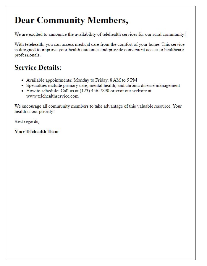 Letter template of telehealth service availability for rural communities.