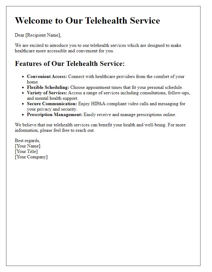 Letter template of telehealth service features for informational purposes.