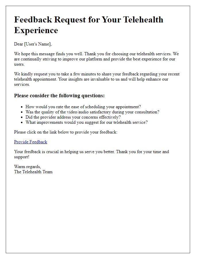 Letter template of telehealth service feedback request from users.