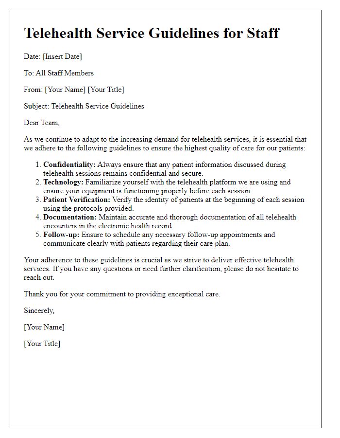 Letter template of telehealth service guidelines for staff.