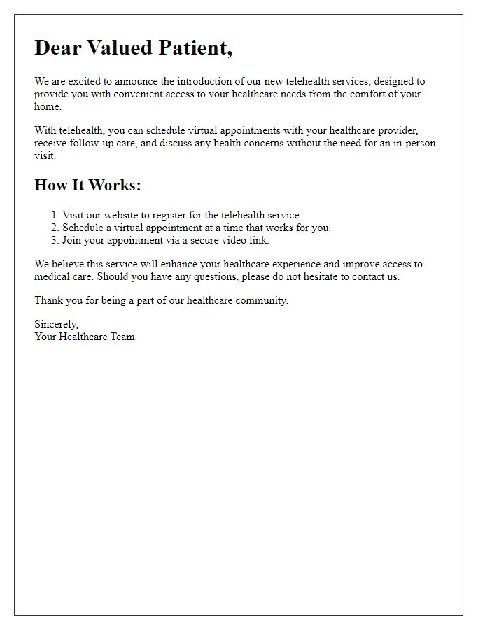 Letter template of telehealth service introduction for existing patients.