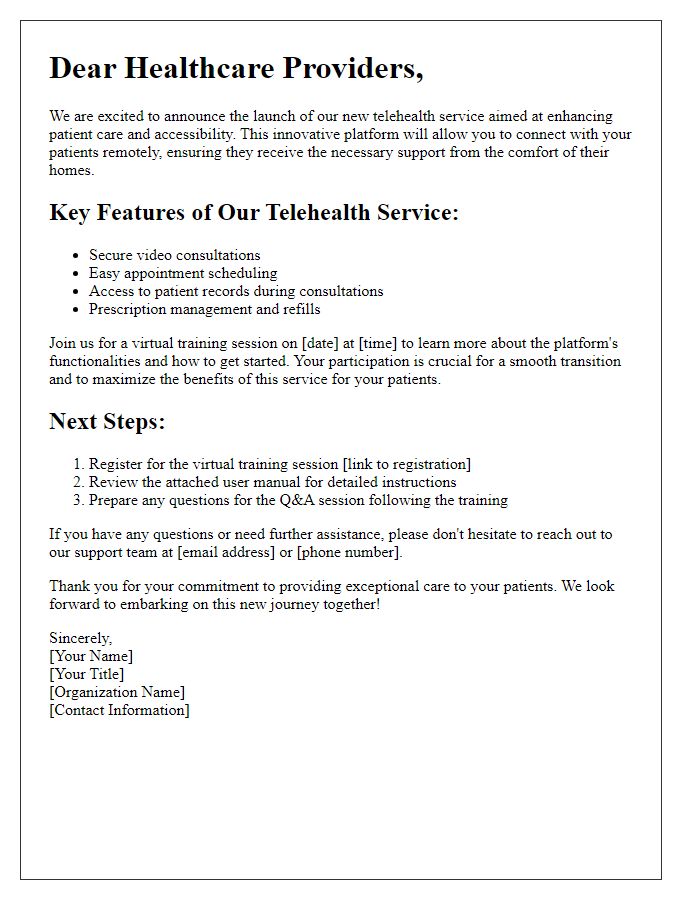 Letter template of telehealth service launch for healthcare providers.