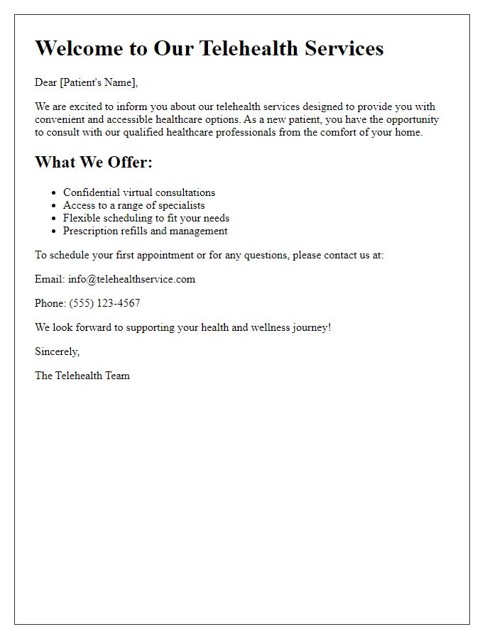 Letter template of telehealth service offer for new patients.